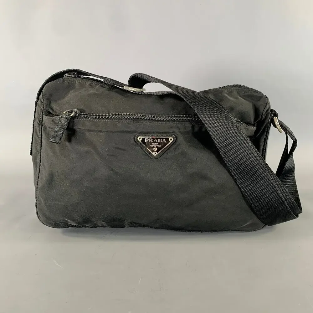 PRADA Black Silver Logo Nylon Shoulder Bag Bags